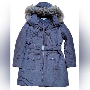 New York & Company Heather Brown Puffer Coat with Faux Fur Hood